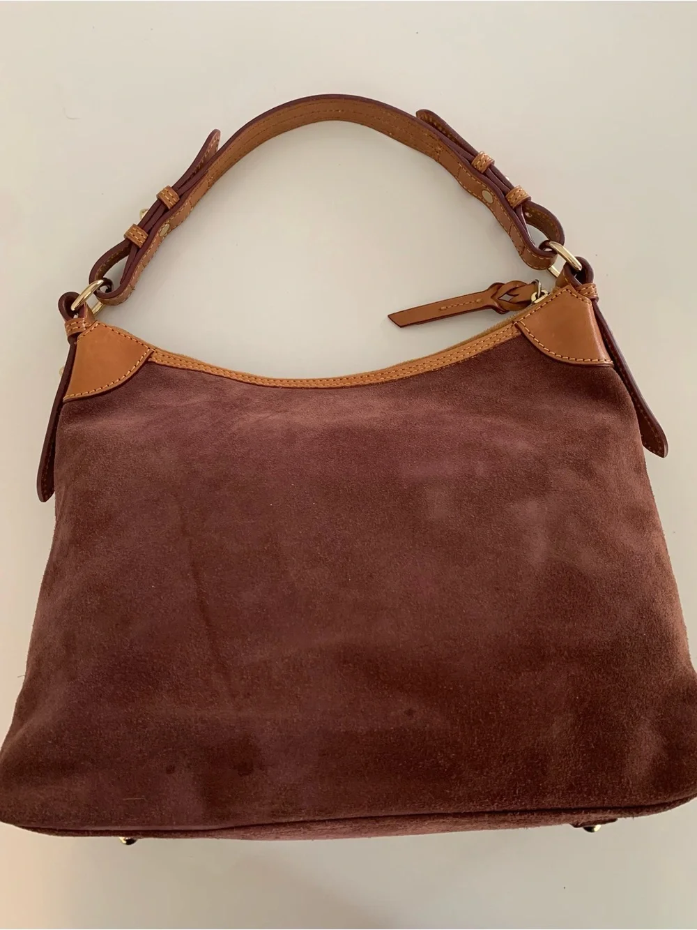Dooney & Bourke Suede Leather Shoulder Hobo Bag, Brown Wine Slouch Tan Trim - Picture 4 of 14